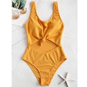 ZAFUL Front Tie Mustard Yellow One Piece Swimsuit